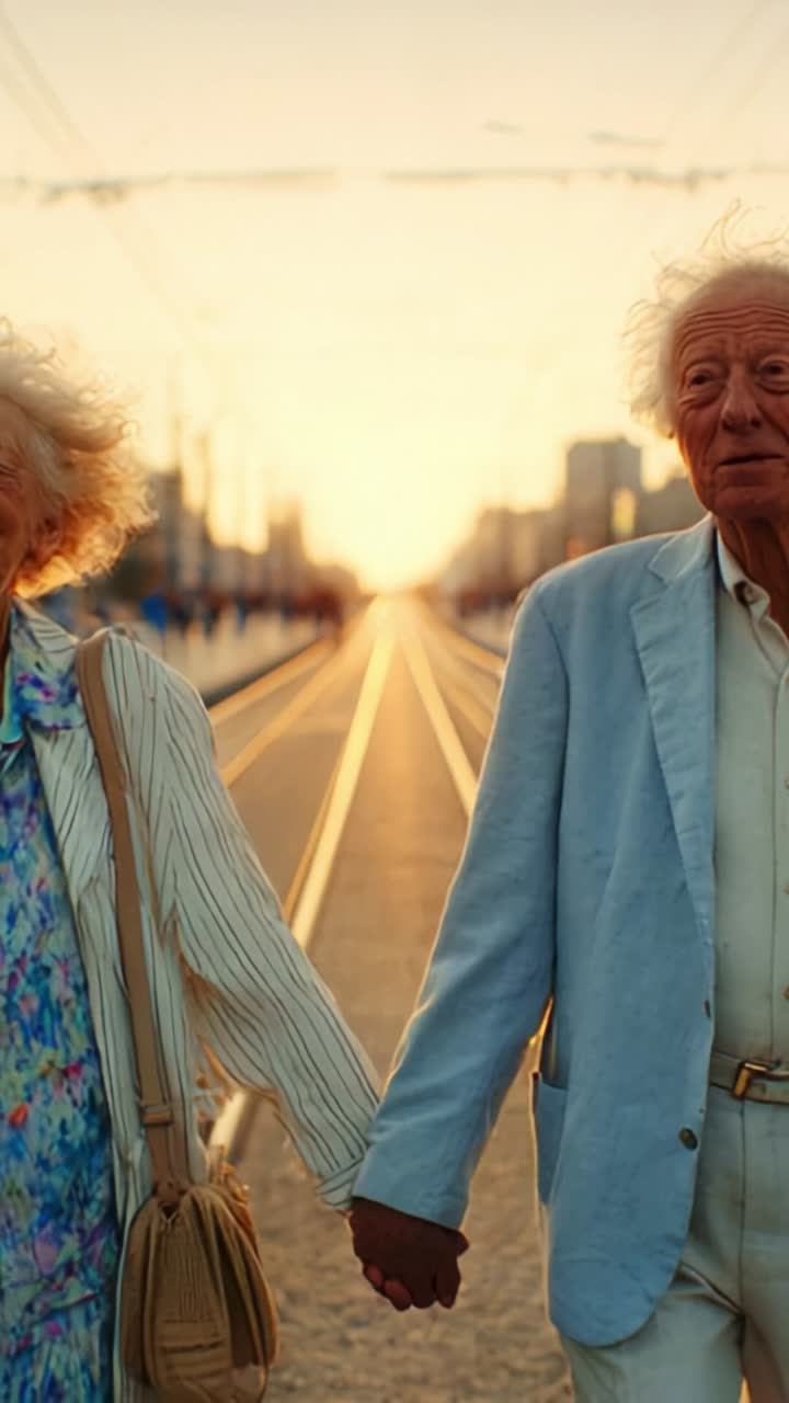 An Endearing Moment Captured at Sunset: A Joyful Elderly Couple Strolling Together on an Empty Train Track, Hand in Hand, Embracing Life's Simple Pleasures