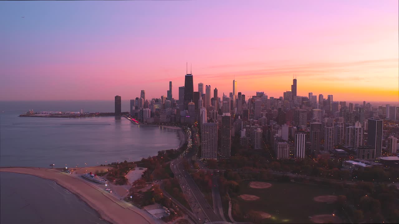 레이크 드 드라이브 시카고에서 아름다운 일몰