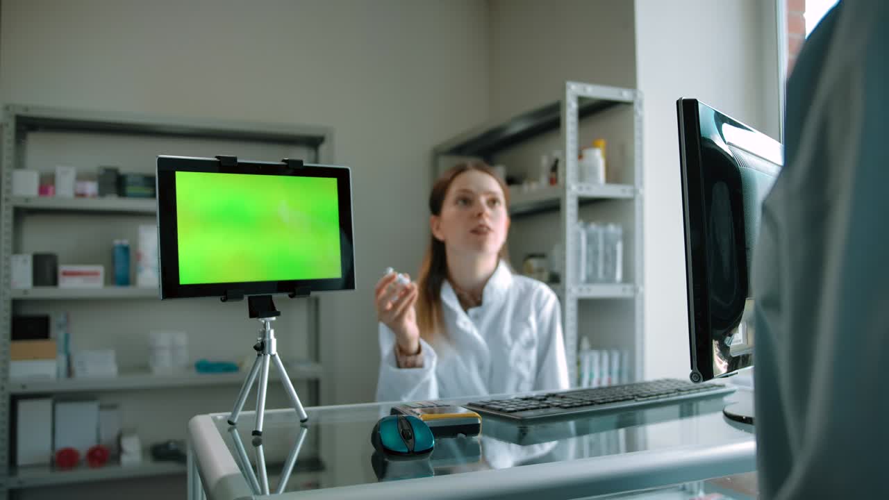Green screen tablet on pharmacy showcase with woman, presenting vaccine ampoule