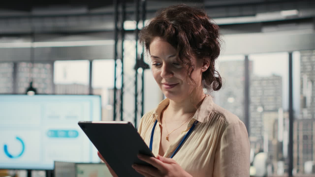 Vertical Video Motivated female professional reviews business charts and graphs