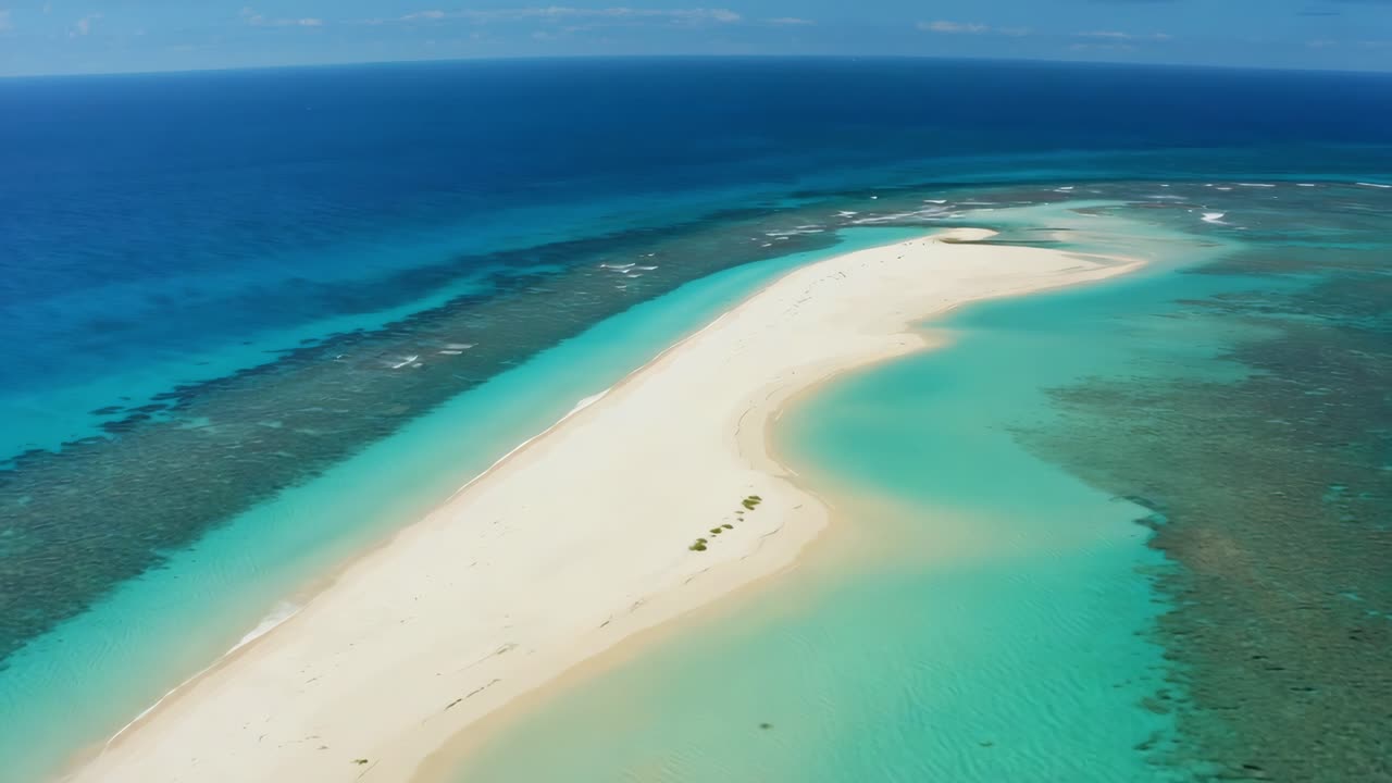 Aerial view showcasing a pristine tropical island with a white sandy beach, surrounded by crystal clear turquoise water and a vibrant coral reef, creating a stunning paradise landscape