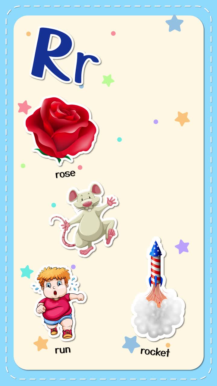 Flashcard animata che mostra la lettera R con una rosa, un bambino che corre, un razzo, un topo, un anello e un impermeabile