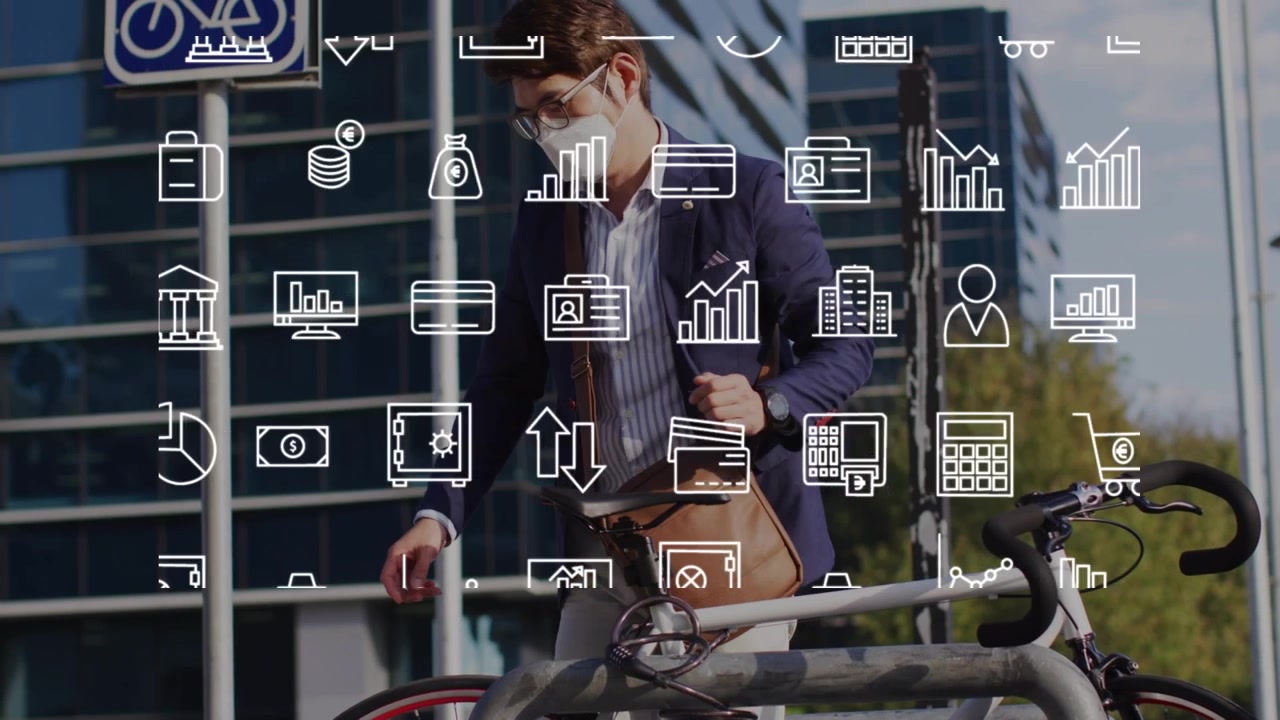 Animation of business icons over asian businessman with face mask