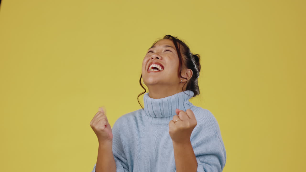 Excited, fist and Asian woman with celebration
