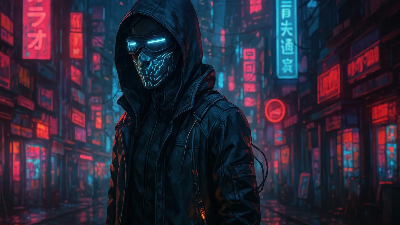Cyberpunk street scene with a hooded figure in a glowing mask