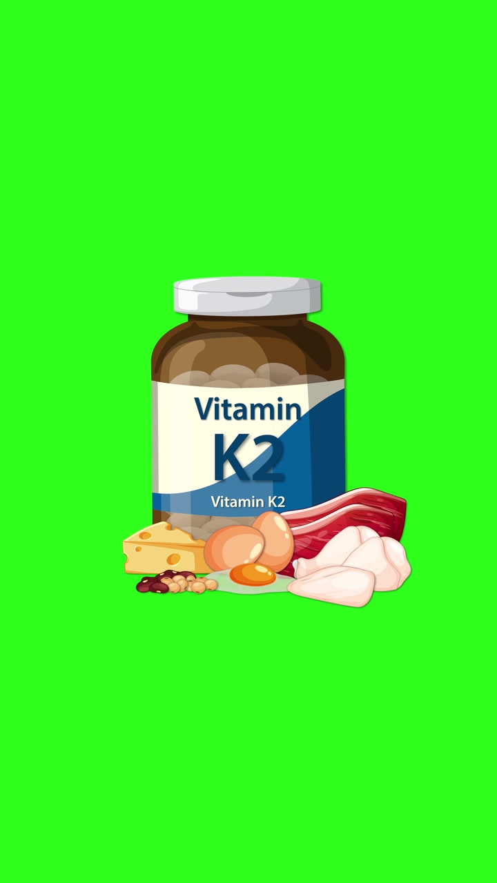 Flacone di Vitamina K2 che appare con formaggio, carne, uova e noci su uno sfondo verde vibrante, animazione