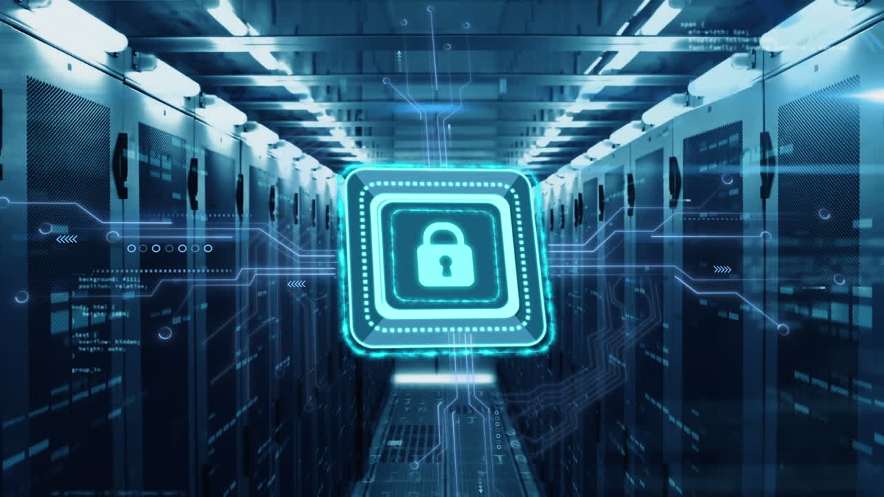 Animation of data processing with online security padlock over computer circuit board