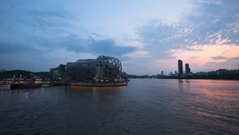 sebitseom or sebit artificial islets by han river against picturesque vivid colorful sunset sky