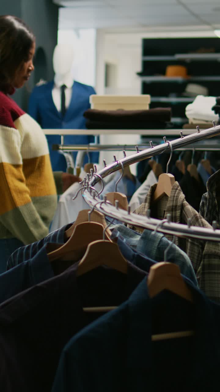 Video verticale: cliente moderna che guarda le camicie appese in un negozio di abbigliamento