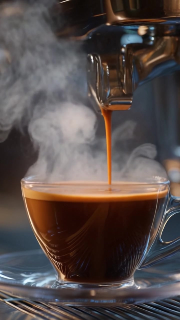 Cautivador espresso fluyendo en una taza de cristal con vapor ascendente, mostrando la esencia aromática y el proceso de preparación de café recién hecho