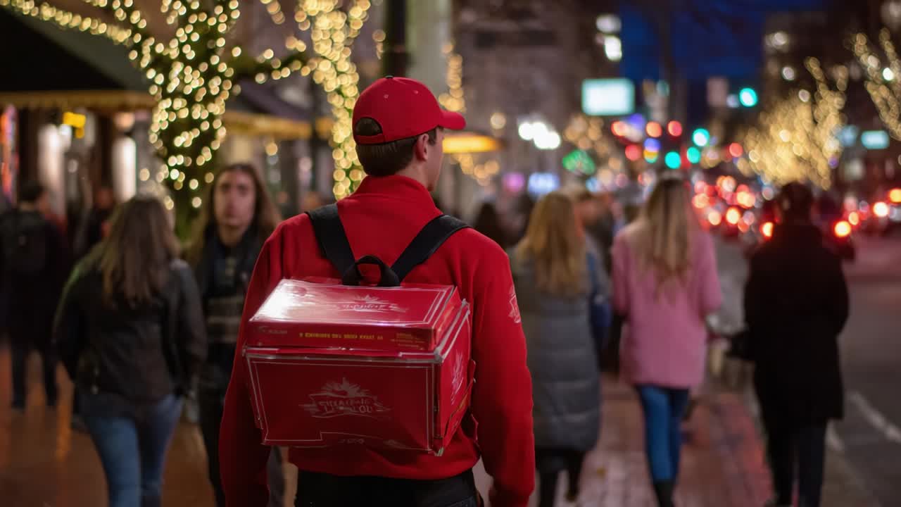 Evening Delivery in a Festive Atmosphere: A Person in a Red Outfit and Backpack Navigates Through a Bustling Street Decorated with Lights, as People Walk by in the Background