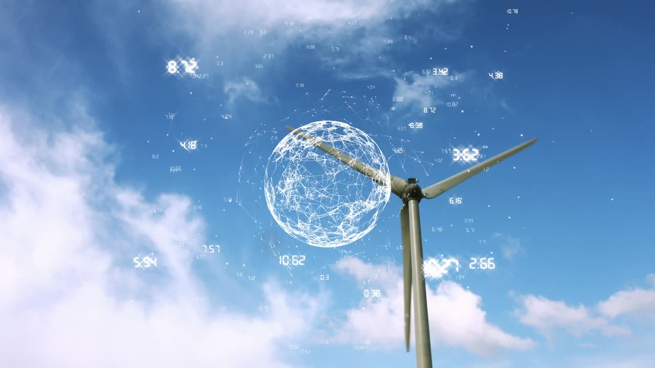 Animazione di reti di connessioni con numeri e un globo su una turbina eolica