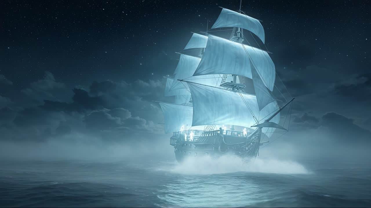 A Mysterious Ghost Ship Sails Through Foggy Waters Under a Starry Sky, Illuminated by Shimmering Lights, Embodying the Spirit of Adventure and the Unknown