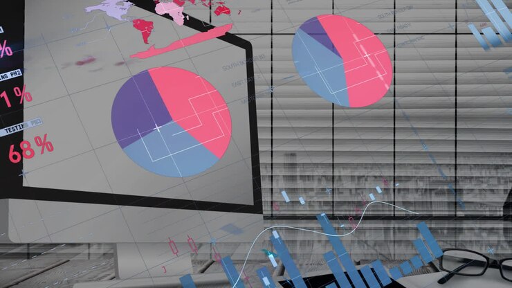 Global data analysis animation over modern office with charts and graphs