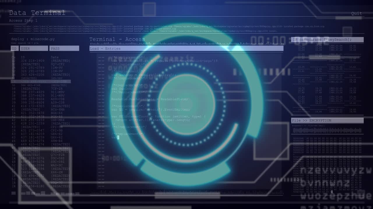 Launching UI HUD rotating with code directory and numeric panel updating indicating access complete