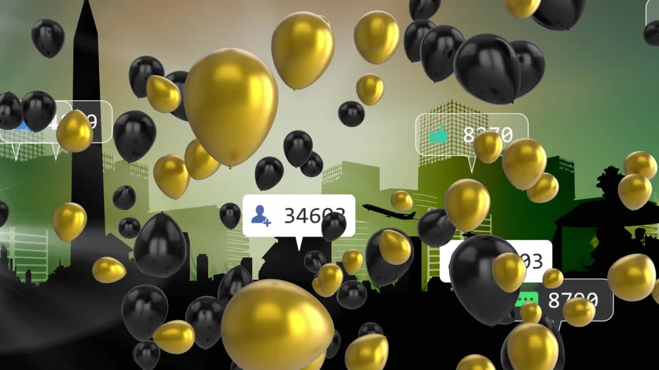 animación de notificaciones de redes sociales, con globos negros y dorados, sobre el paisaje urbano