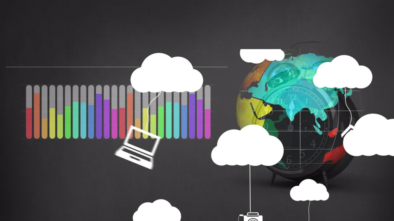 animación del globo y los iconos sobre un fondo negro.