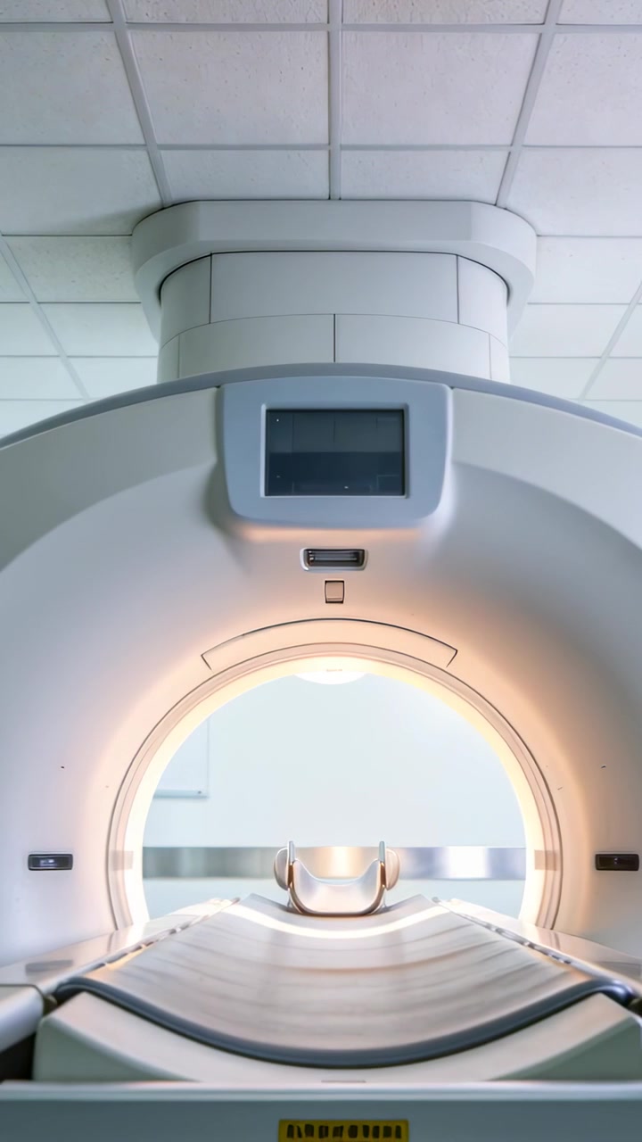 Video verticale: Accensione dell'illuminazione del portale e spostamento del tavolo nel foro in clinica, con bobina per la scansione.