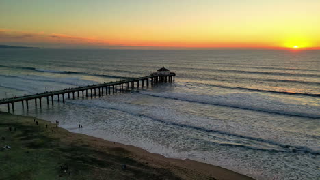 manhattan beach sunset with roundhouse aquarium pier from an aerial drone