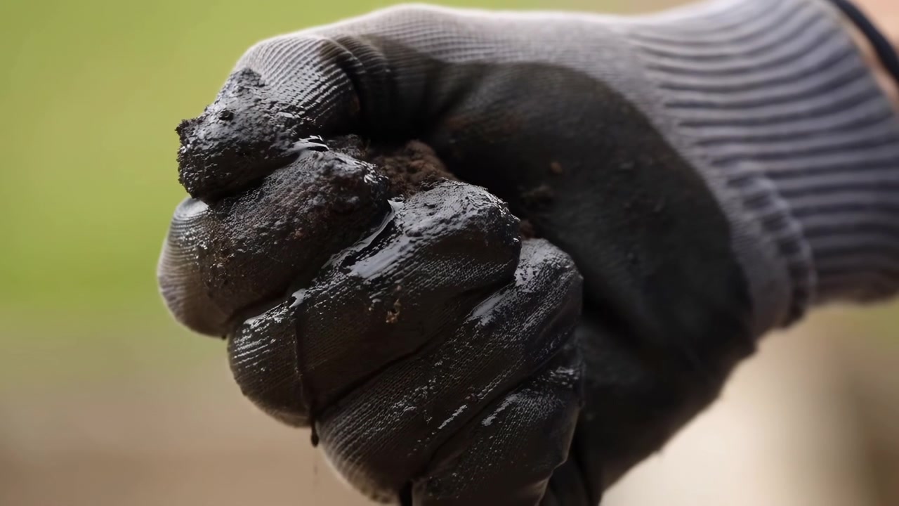 Mano guantata che tiene terriccio umido in primo piano mentre il giardiniere comprime il compost per valutarne la consistenza e l'umidità.