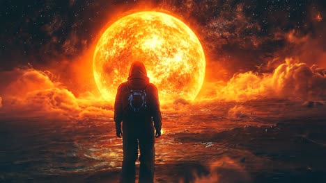 person stands in awe before a giant fiery sun at sunset