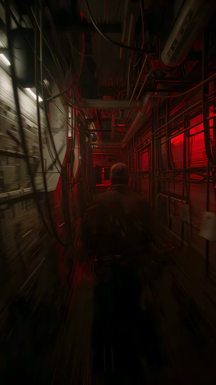 Vertical video: Walking man in cap starting near cam, heading down red-lit piped corridor into dark