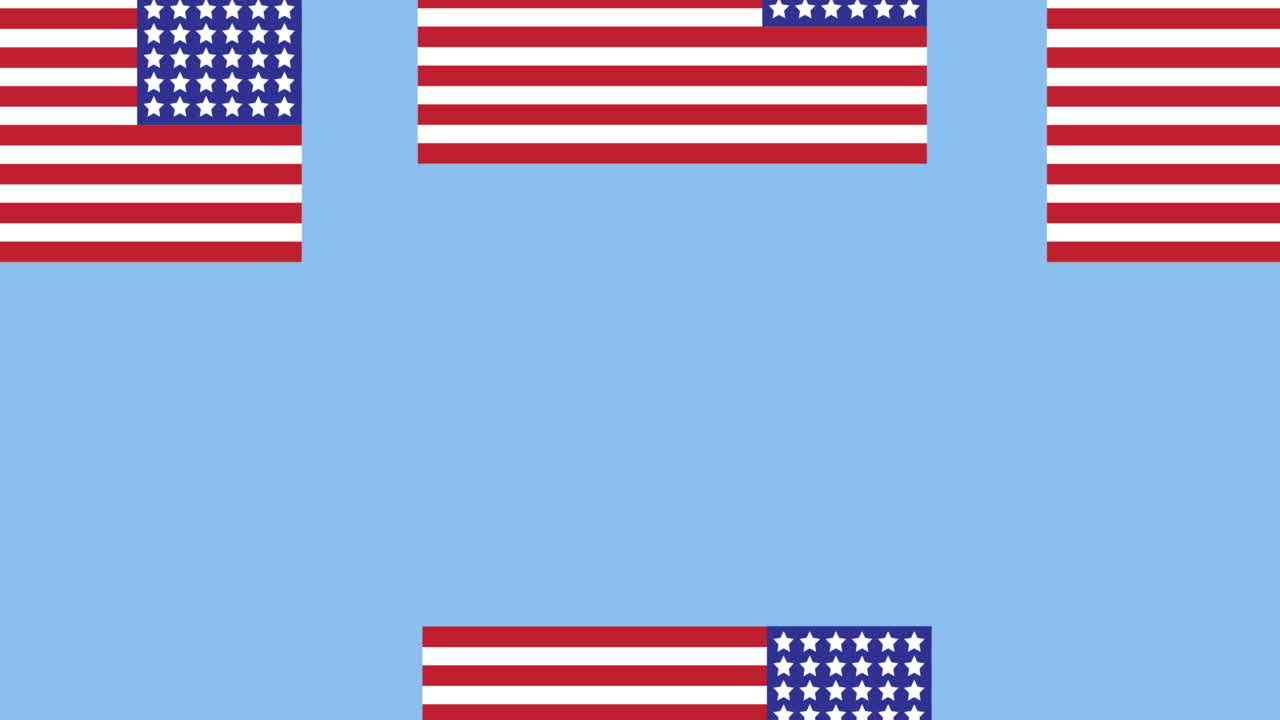 Animation of american flags moving over blue background