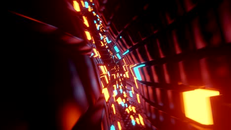 vuela a través del espacio compuesto por cubos 3d de material metálico. algunos cubos son relámpagos - brillantes con color naranja o azul. vuela dinámica y de velocidad en un área abstracta futurista. bucle sin costuras.