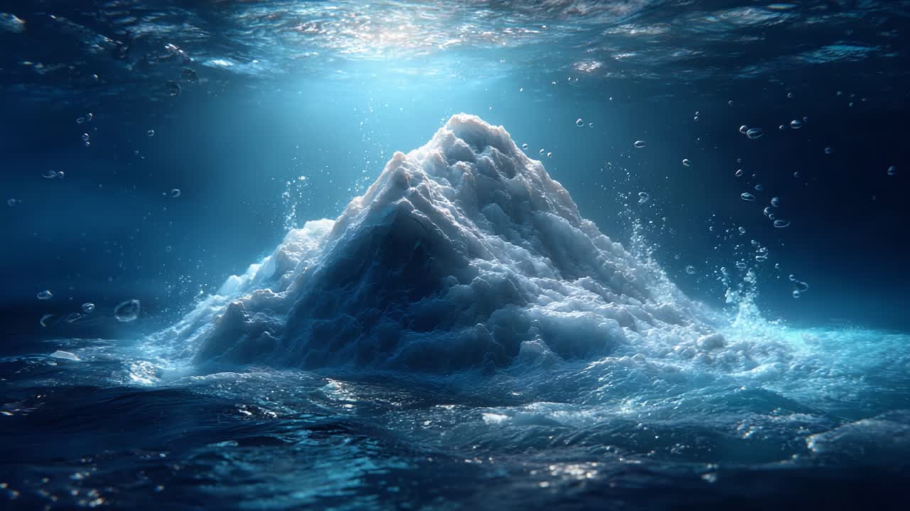 A Stunning Subaquatic Scene Featuring a Majestic Iceberg Casting Ethereal Reflections Amid Bubbles and Waves in a Deep Blue Ocean Environment