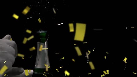 Animation-of-falling-confetti-over-cropped-hand-opening-champagne-bottle-and-cork-shoots-in-air