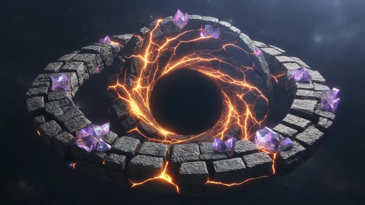 Floating Stone Ring with Glowing Lava and Purple Crystals in Space