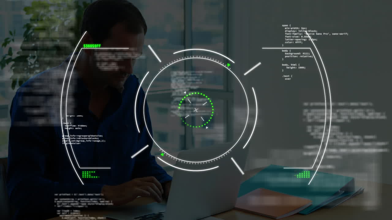 animación del procesamiento de datos financieros y alcance sobre empresario caucásico usando computadora portátil en la oficina.