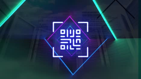 Animation-of-neon-qr-code-moving-in-green-digital-space-and-servers