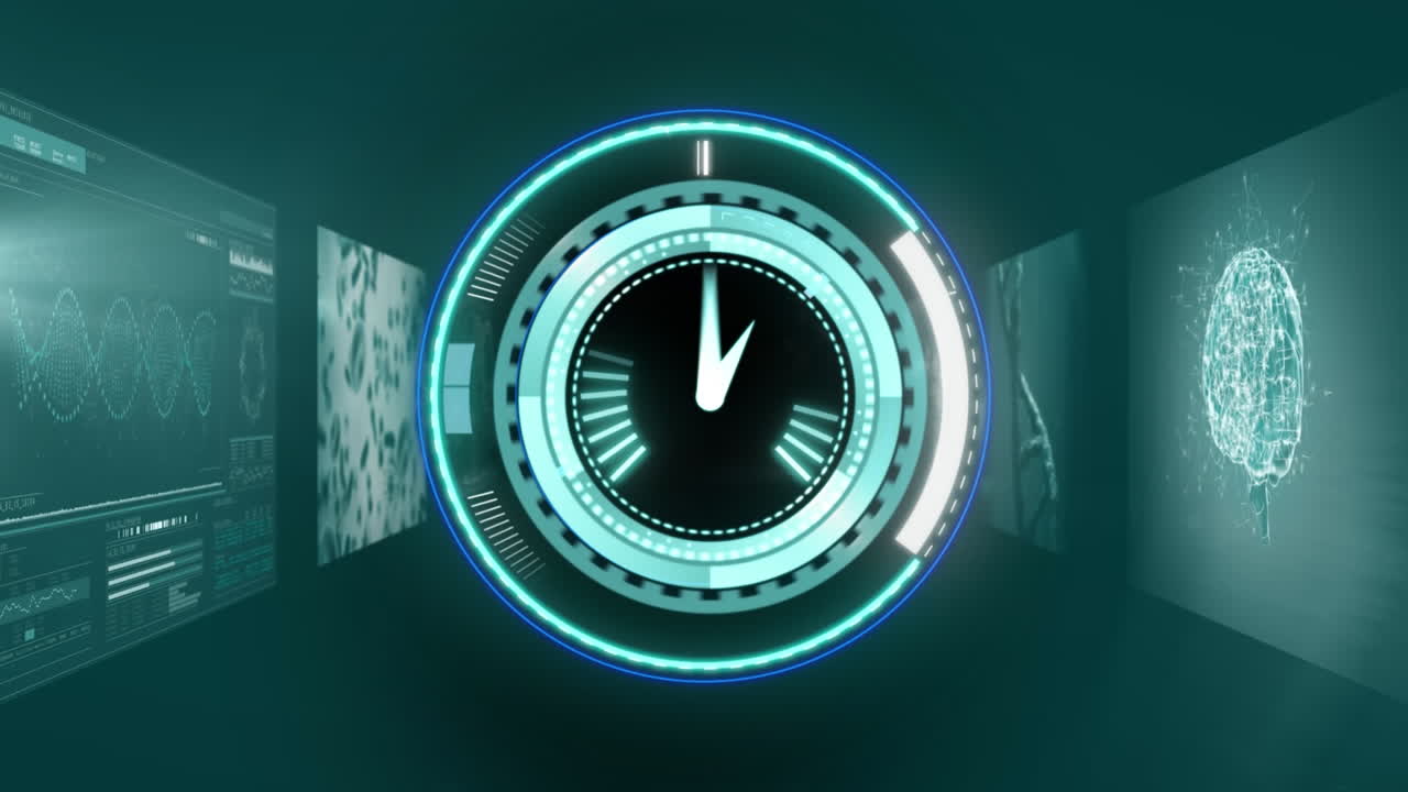 Animation of scope scanning with clock over moving screens on black background