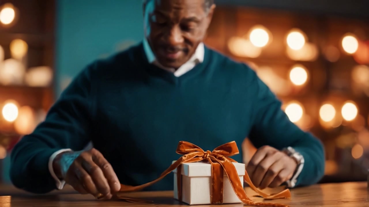 A joyful moment captured as a man meticulously wraps a gift with an orange ribbon, showcasing the art of presentation and the spirit of giving.