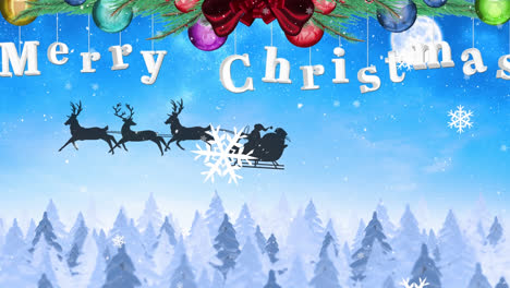 Animation-of-christmas-greetings-over-santa-claus-in-sleigh-with-reindeer-and-snow-falling