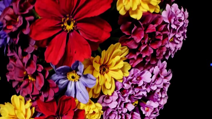 Bouquet rotatif de fleurs artificielles colorées sur fond noir