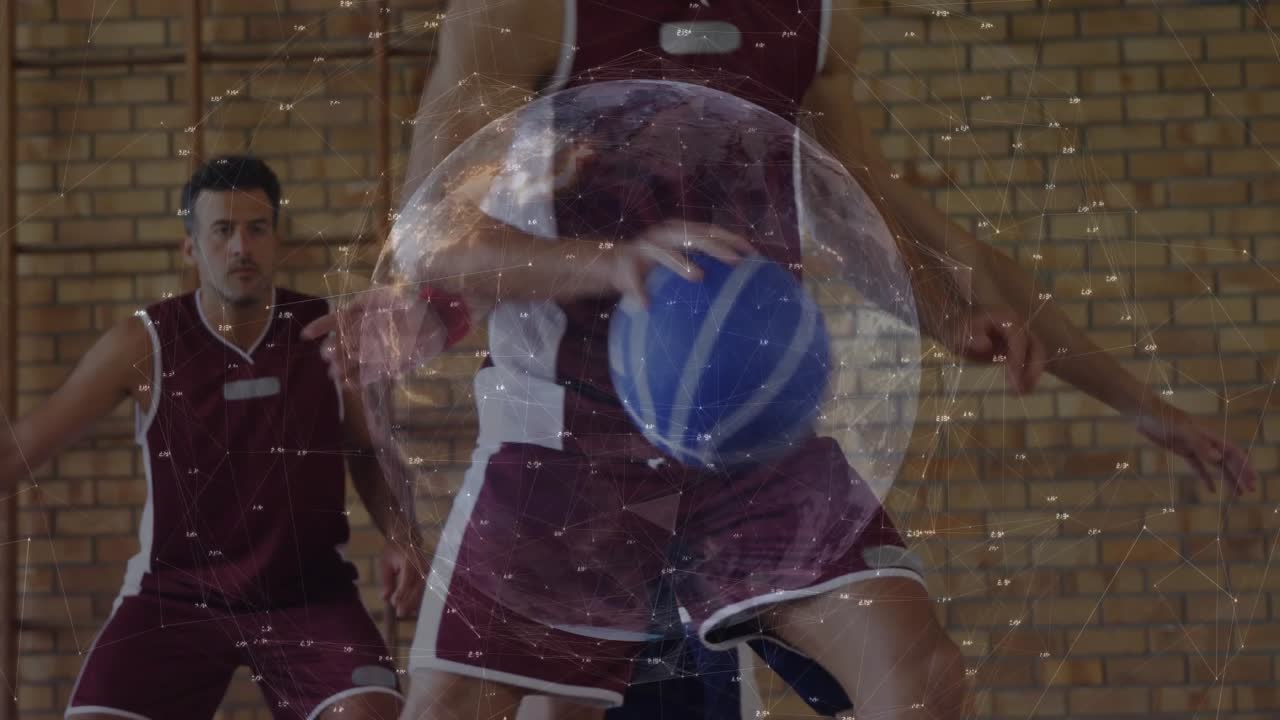 Guard shielding ball to drive as defender reaching in, clear Earth overlay aiding sports designers