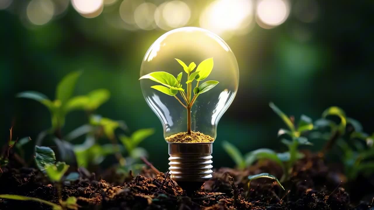 Primo piano di una lampadina con una pianta all'interno, che simboleggia idee ecologiche.