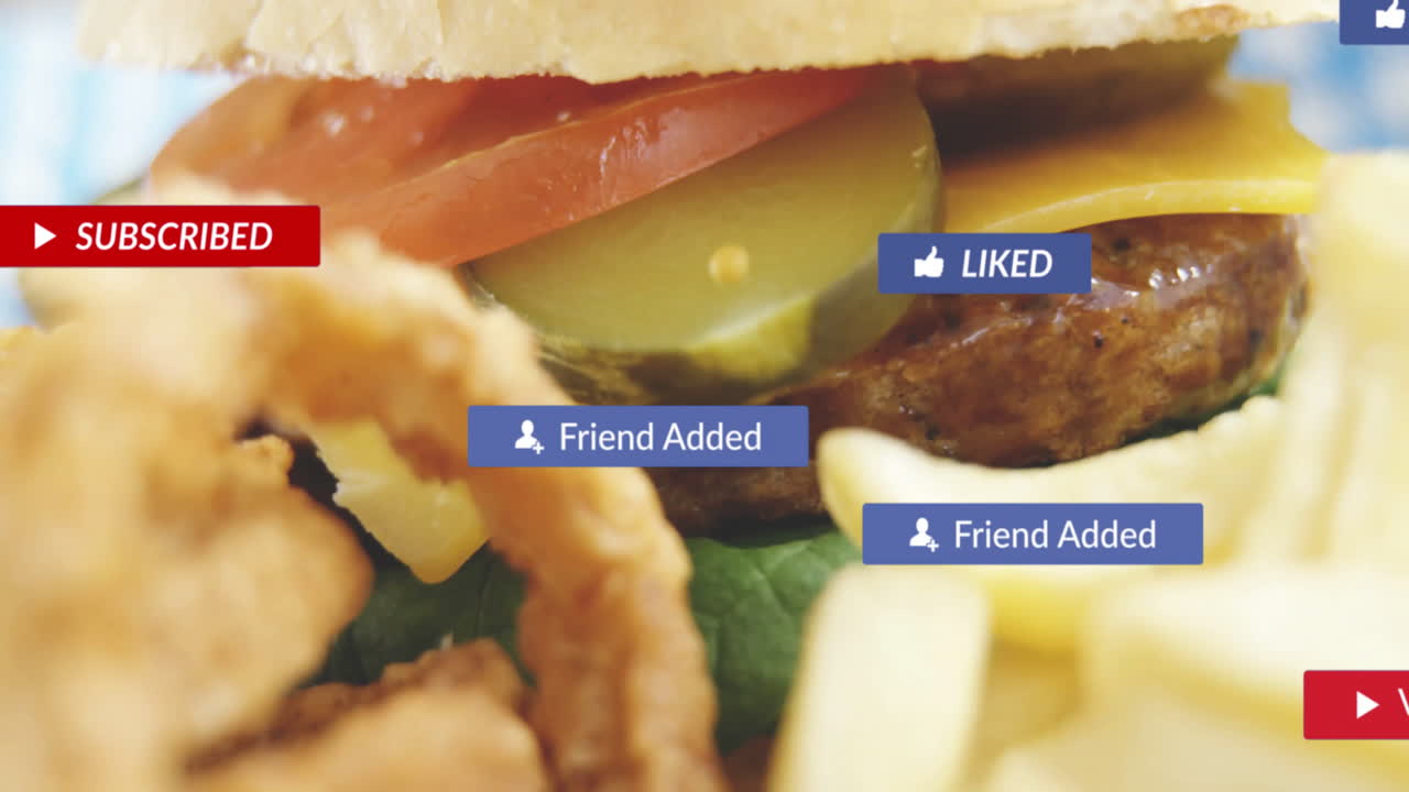 Burger with animation of social media notifications over pickles and cheese