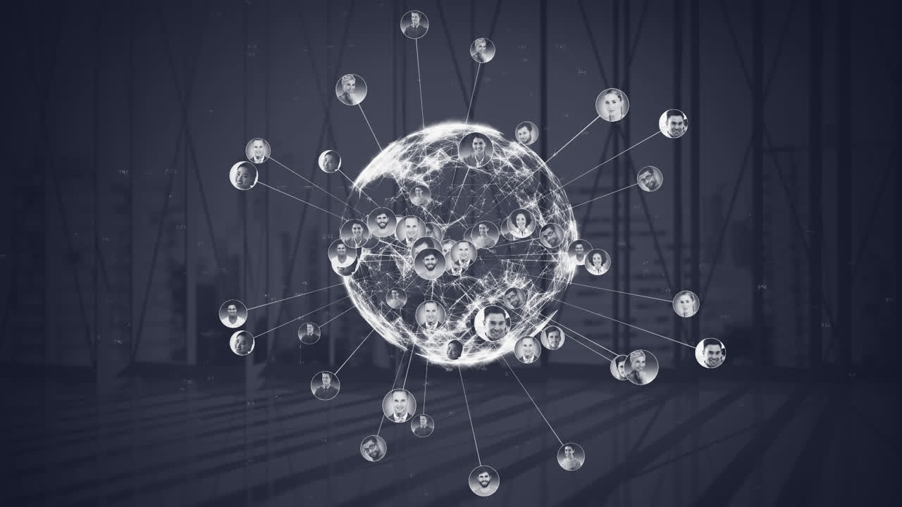 건물 안에서 회전하는 디지털 연결된 글로브