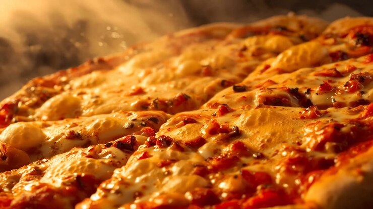 Pizza intera che bolle nel forno reagendo al calore, formando bolle di formaggio dorate che emettono vapore.