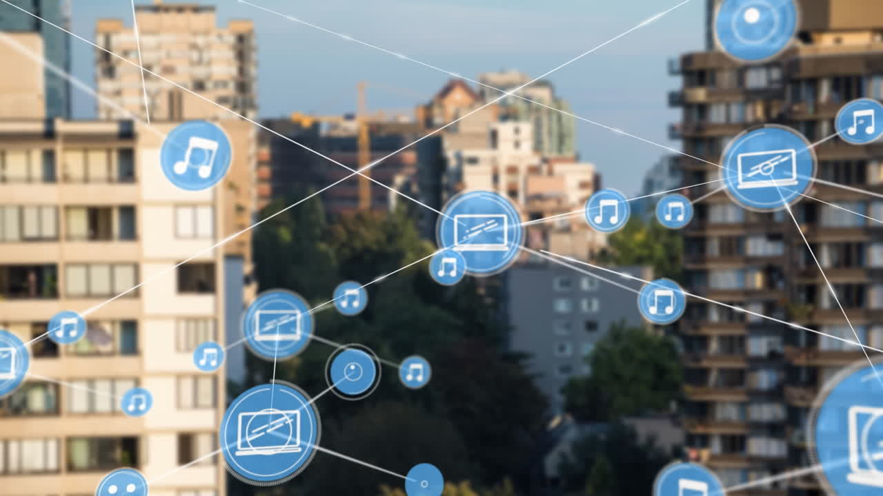 높은 건물과 맞물려 있는 디지털 아이콘 네트워크의 애니메이션