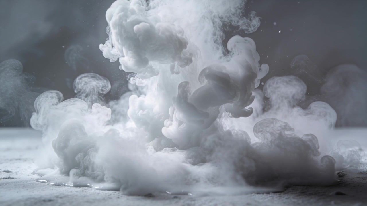 Densa colonna di fumo bianco che sale e si espande verso l'alto dopo il rilascio dal pavimento in studio, con nebbia a bassa quota.