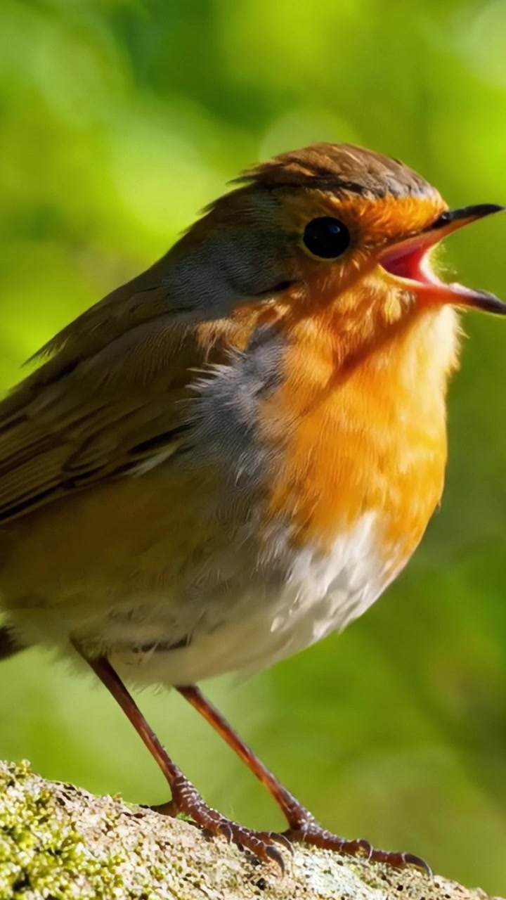 Primo piano accattivante di un affascinante pettirosso in natura, che mostra il suo arancione vibrante e l'espressione vivace, circondato da una vegetazione lussureggiante.