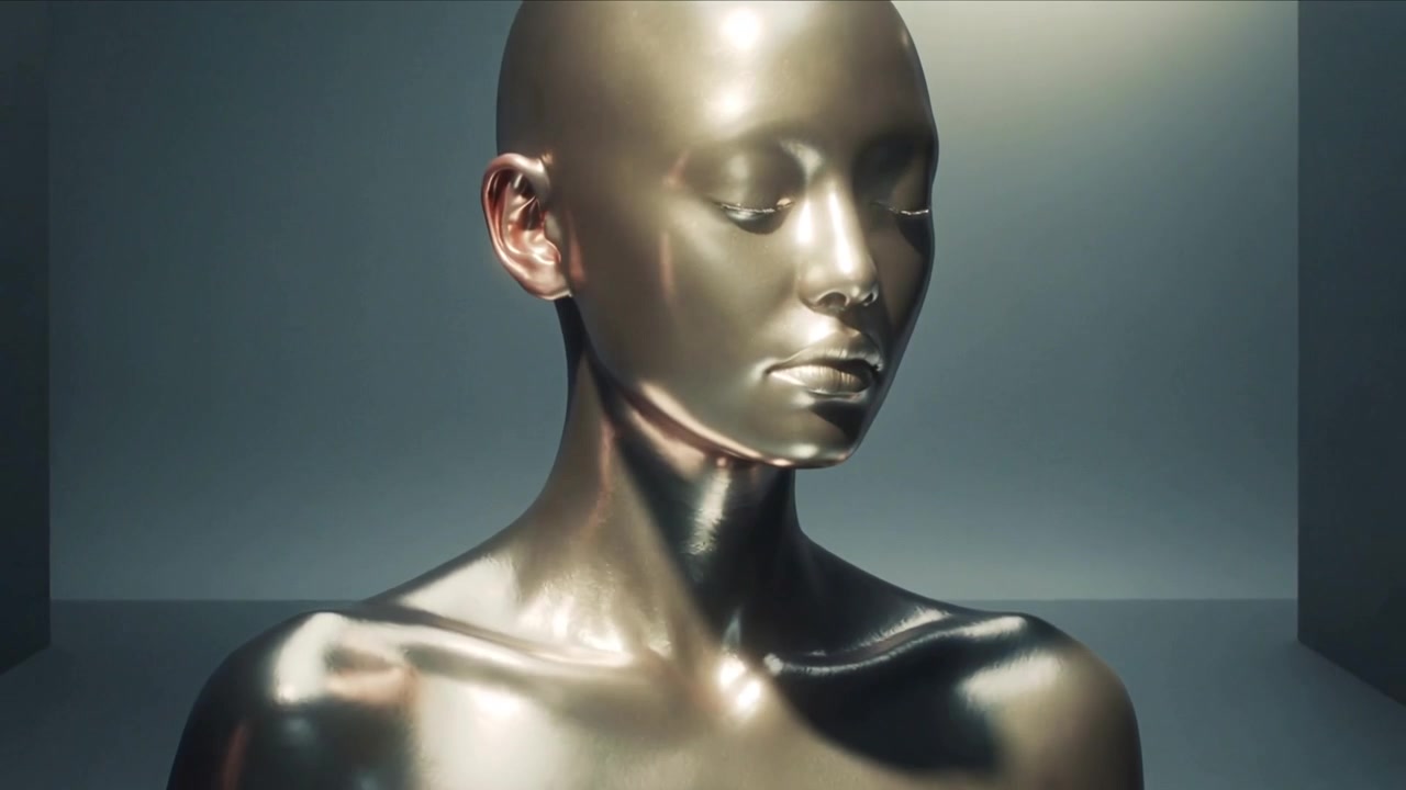 Sweeping metal ribbon revealing chrome bust exposing gleam as bust turning and cam zooming in box