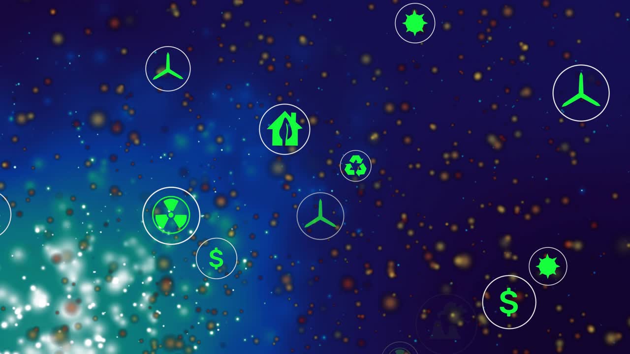 Turquoise burst igniting eco icons drifting right separating rotating and settling into network