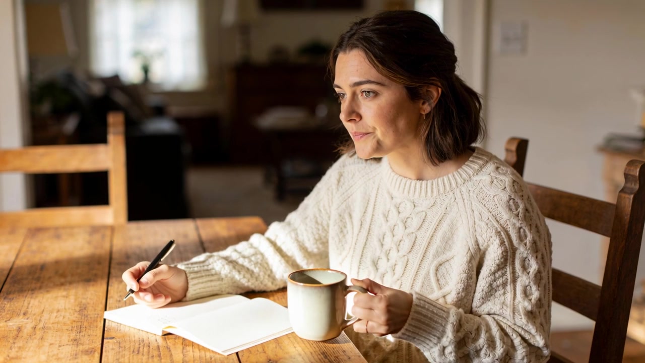 Donna che scrive a casa con un maglione color crema, penna sospesa sopra un quaderno, che scrive un diario e sorseggia da una tazza.