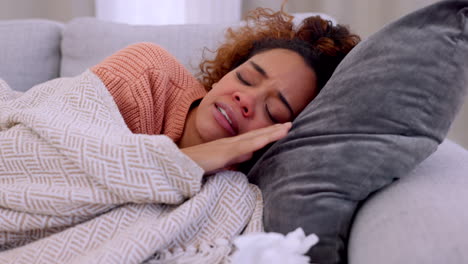 sick, tissues and woman relaxing on a sofa