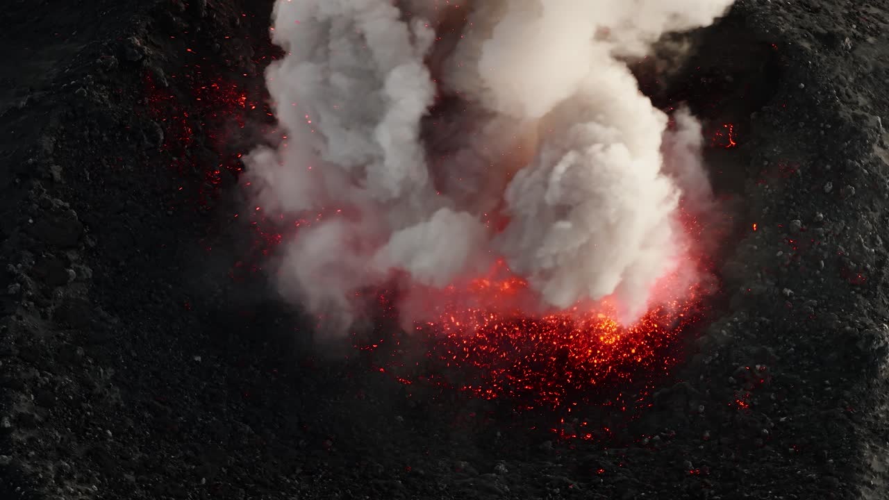Top down aerial of molten lava inside Fuego Volcano crater in Guatemala